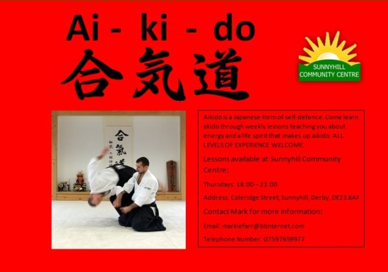 This is a poster for the Aikido classes at Sunnyhill Community Centre